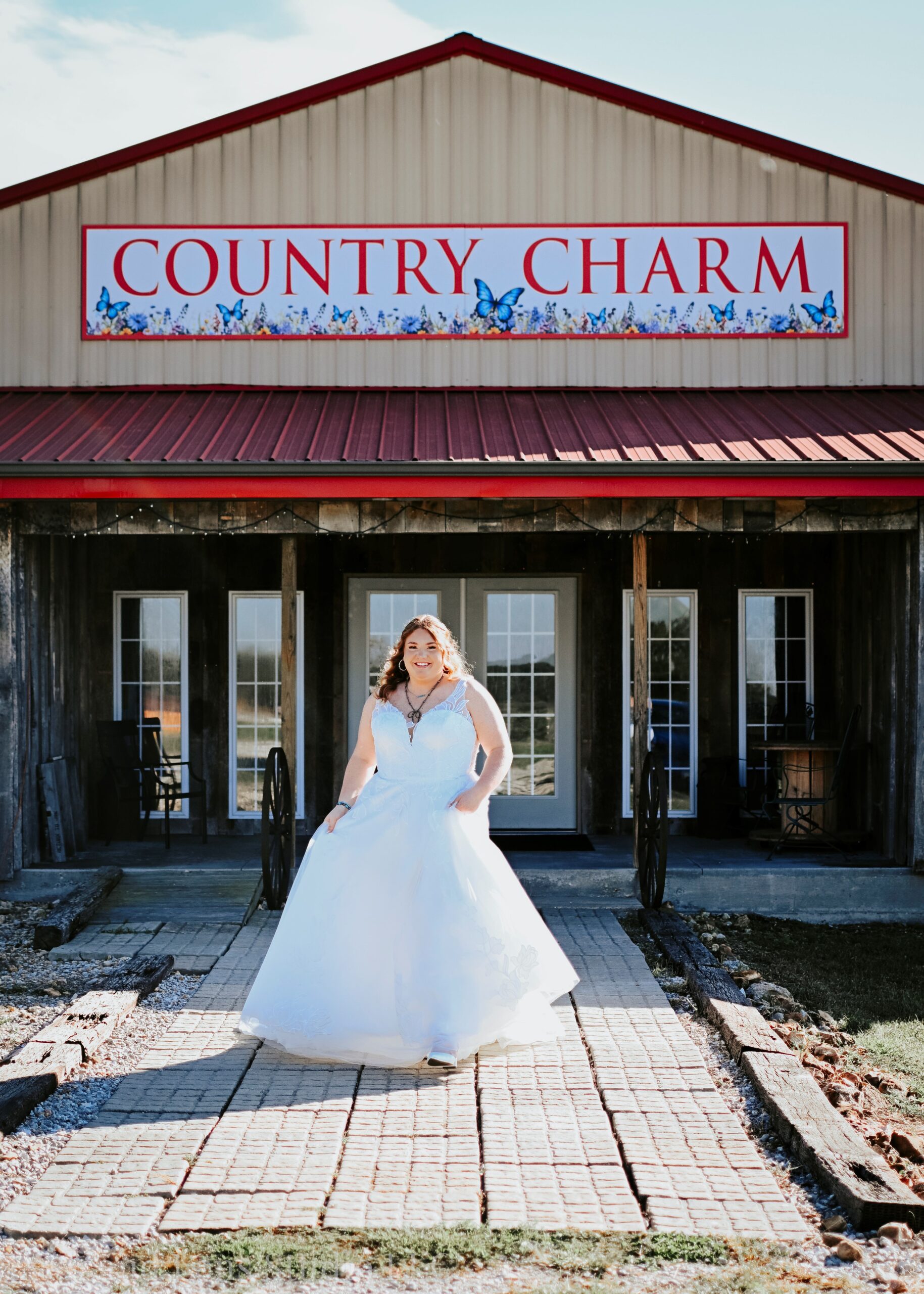 Bride walking out of the Country Charm venue in Neosho MO