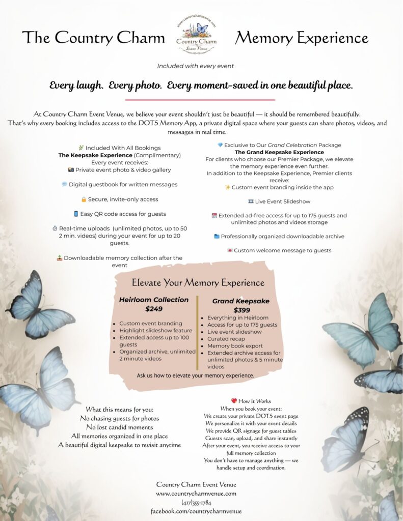 Country Charm Venue Keepsake Memory Experience flyer detailing the DOTS memory app integration for weddings and events.
