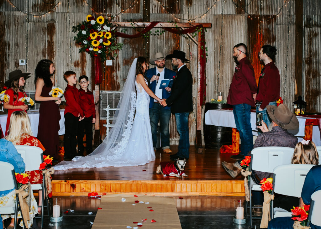 A wide shot of a wedding party at the altar during an indoor rustic ceremony with bridesmaids in deep red dresses and a small dog on the floor.